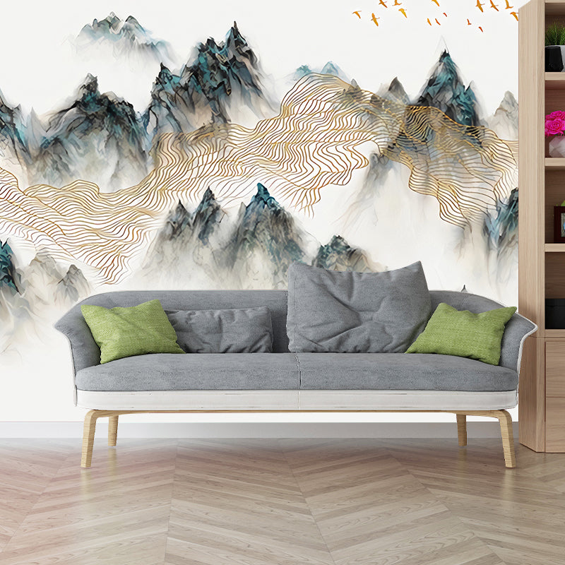 Large Illustration Vintage Mural Wallpaper for Guest Room with Mountain in Green and Yellow