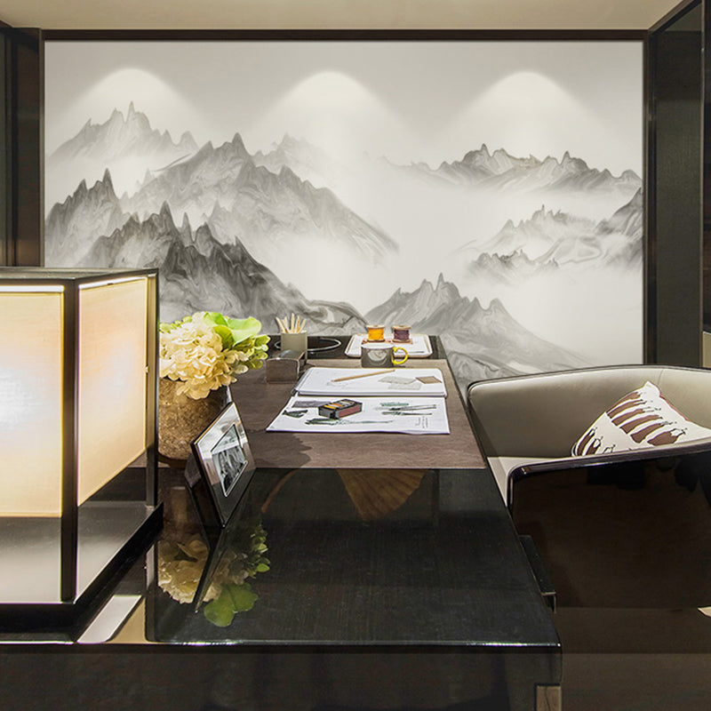 Enormous Illustration Mountain Mural for Living Room Decoration, Grey and White, Personalized Size Available