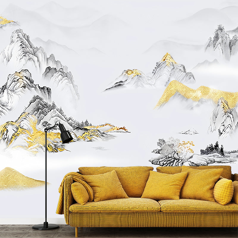 Large Asia Inspired Wall Art Grey and Gold Mountain Wall Mural, Custom Size Available