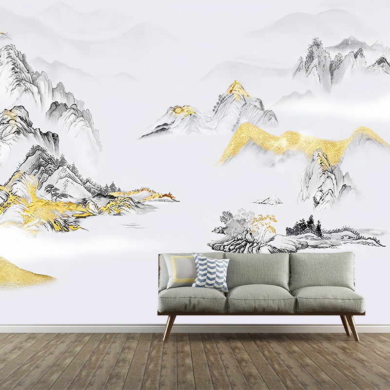 Large Asia Inspired Wall Art Grey and Gold Mountain Wall Mural, Custom Size Available