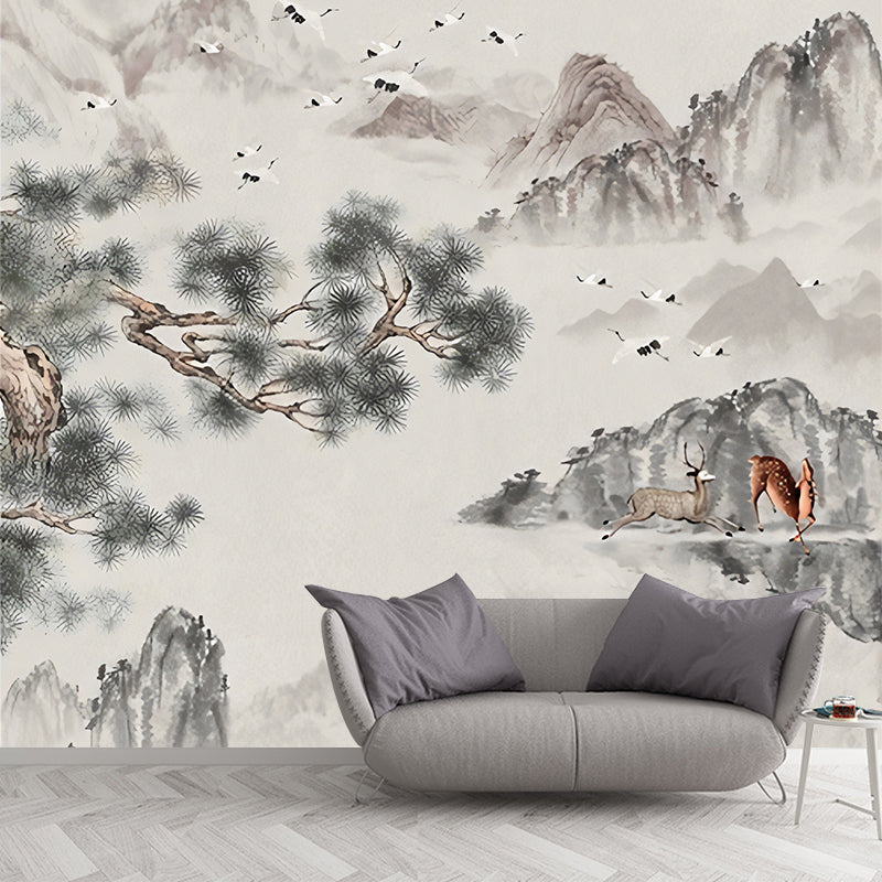 Big Illustration Asia Inspired Wall Mural for Guest Room with Crane and Deer Design in Grey and Green