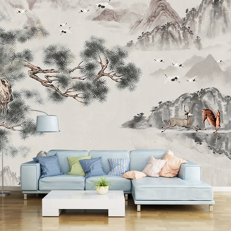 Big Illustration Asia Inspired Wall Mural for Guest Room with Crane and Deer Design in Grey and Green