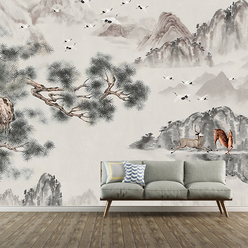 Big Illustration Asia Inspired Wall Mural for Guest Room with Crane and Deer Design in Grey and Green