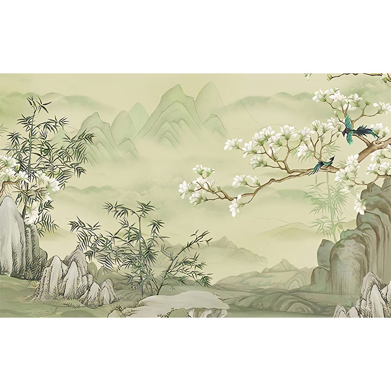 Elegant Flower and Mountain Mural for Home Decoration, Pastel Green, Personalized Size Available