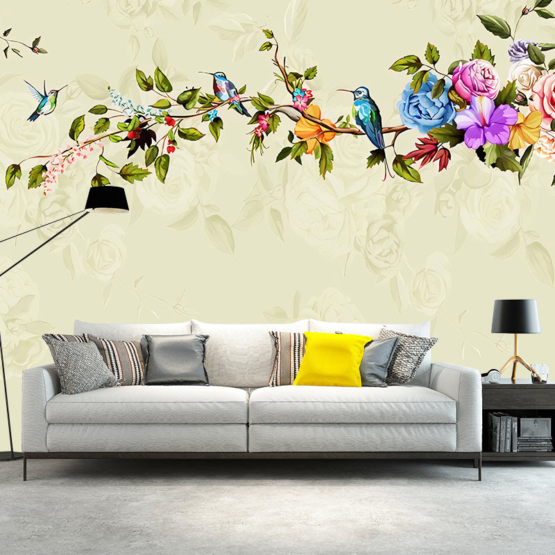 Rose and Bird Wall Decor for Living Room Asia Inspired Wall Mural, Custom Size Available