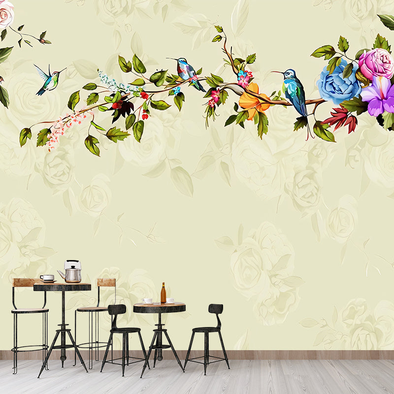 Rose and Bird Wall Decor for Living Room Asia Inspired Wall Mural, Custom Size Available