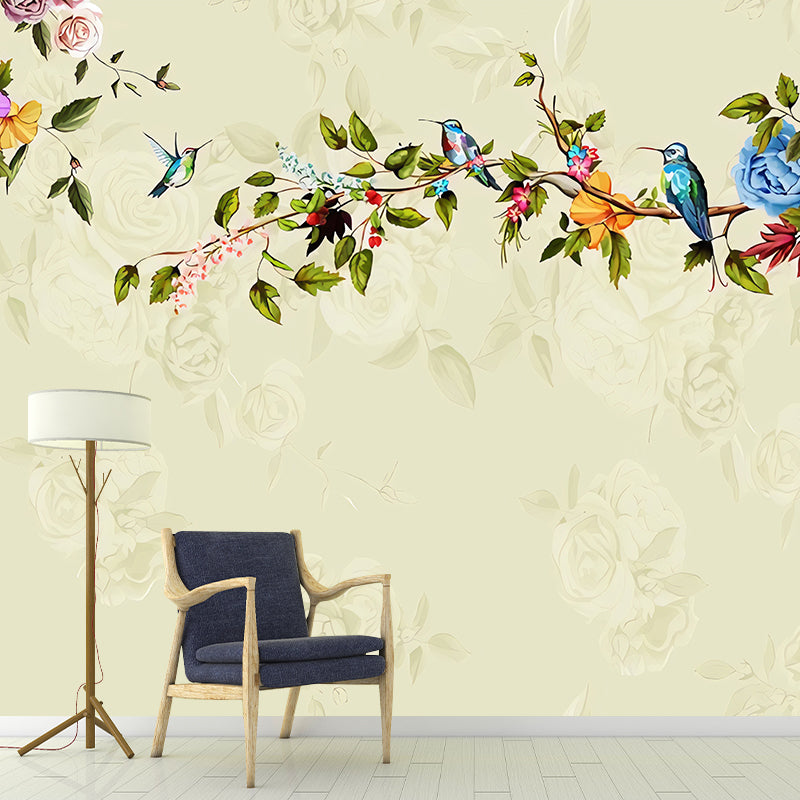 Rose and Bird Wall Decor for Living Room Asia Inspired Wall Mural, Custom Size Available