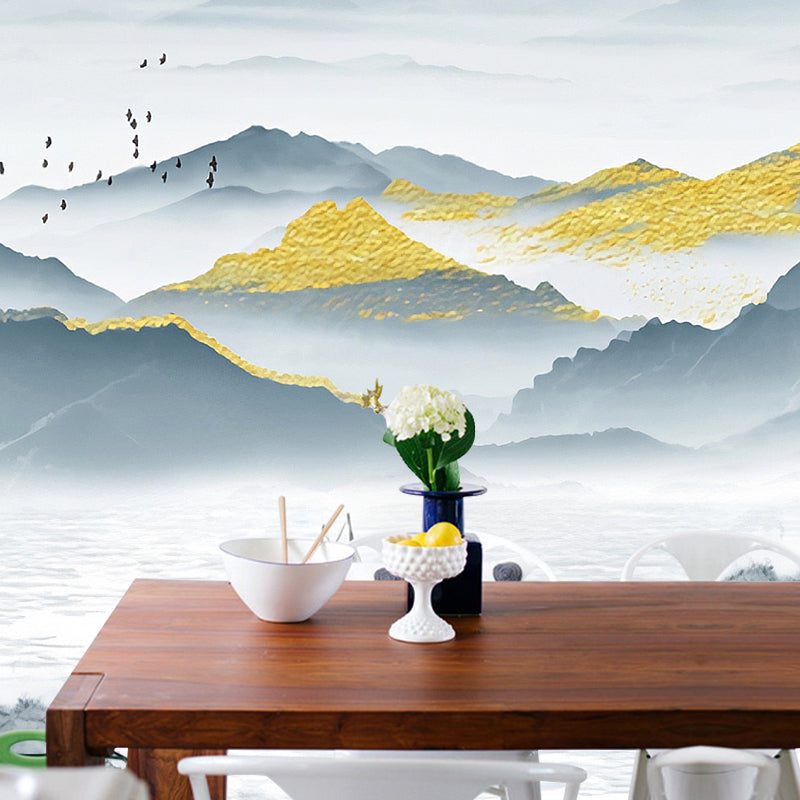 Vintage Mountain and River Mural for Accent Wall, Extra Large Wall Covering in Blue and Grey