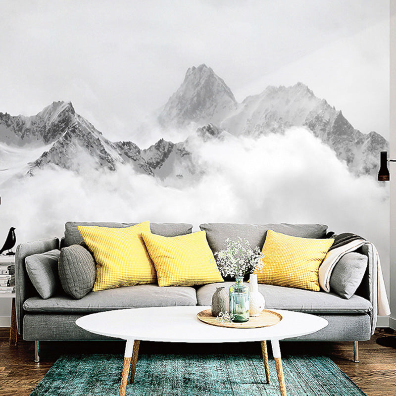 Peak and Cloud Wall Mural in Black and White, Minimalist Wall Covering for Home Decoration