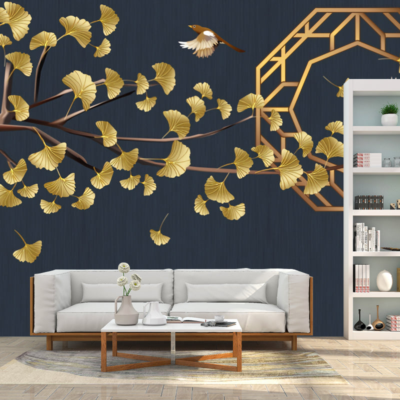 Illustration Ginkgo and Bird Mural Wallpaper for Restaurant Decoration, Dark Blue