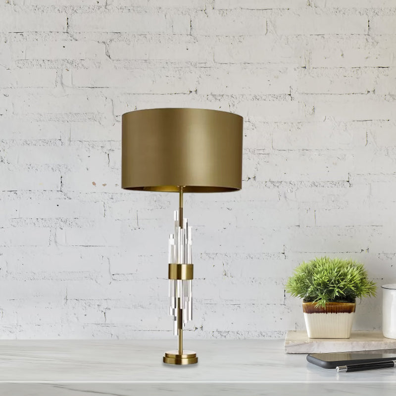 Gold Drum Table Light Minimalist 1-Light 13"/15" Wide Fabric Nightstand Lamp with Prismatic Crystal Accent