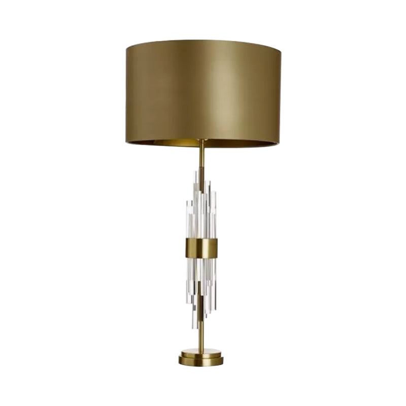 Gold Drum Table Light Minimalist 1-Light 13"/15" Wide Fabric Nightstand Lamp with Prismatic Crystal Accent