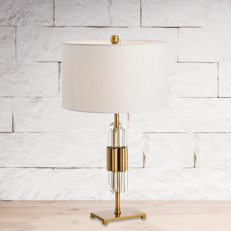 Crystal Rod Nightstand Light Postmodern Single White and Gold Table Lamp with Drum Fabric Shade