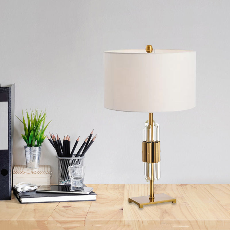 Crystal Rod Nightstand Light Postmodern Single White and Gold Table Lamp with Drum Fabric Shade