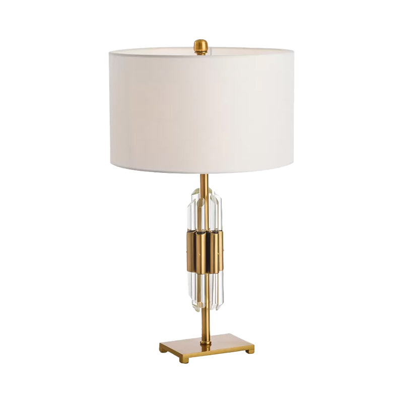 Crystal Rod Nightstand Light Postmodern Single White and Gold Table Lamp with Drum Fabric Shade