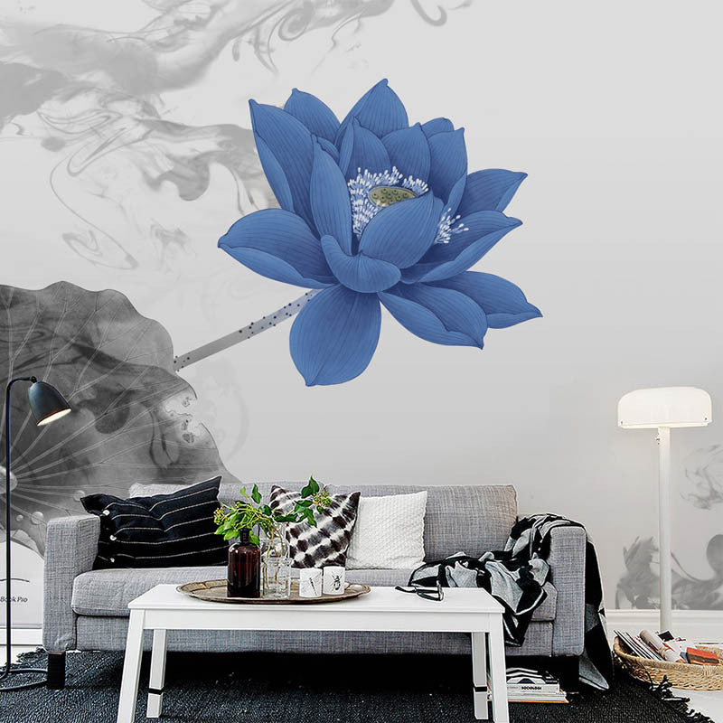 Full Size Lotus Wall Mural Blue and Grey Non-Woven Material Wall Art for Accent Wall, Custom-Printed