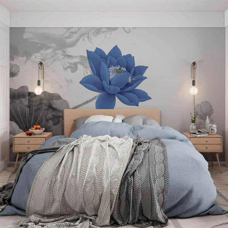 Full Size Lotus Wall Mural Blue and Grey Non-Woven Material Wall Art for Accent Wall, Custom-Printed