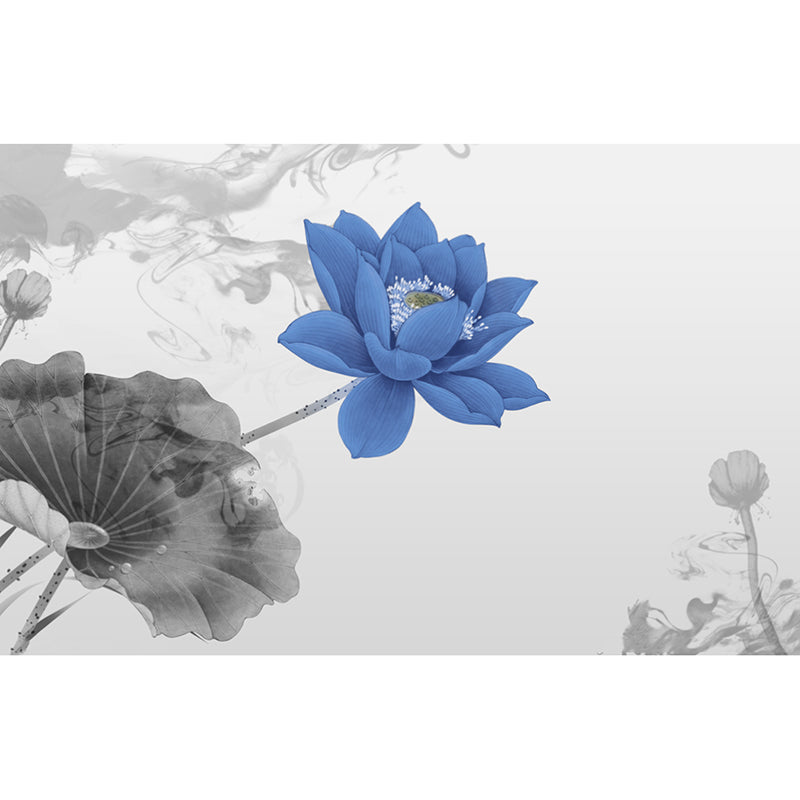Full Size Lotus Wall Mural Blue and Grey Non-Woven Material Wall Art for Accent Wall, Custom-Printed