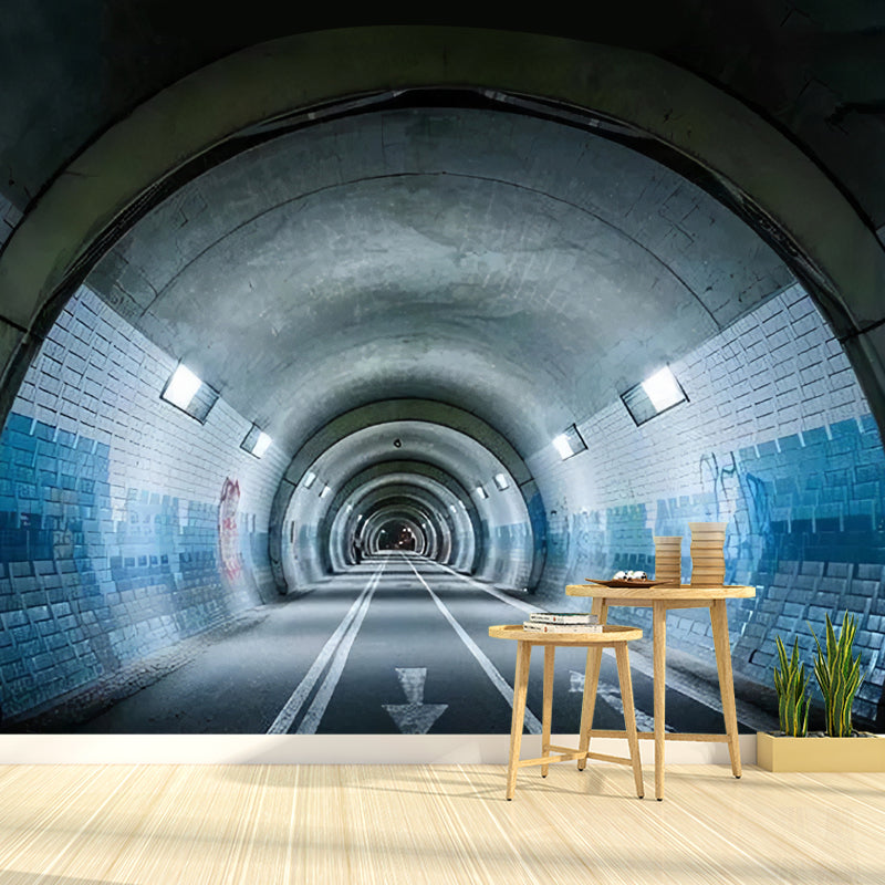 3D Effect Extensive Tunnel Mural in Grey and Blue, Industrial Wall Art for Meeting Room