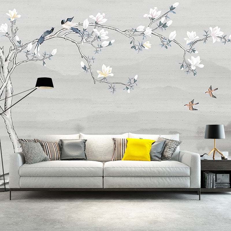 Illustration Magnolia Wall Mural Full Size Wall Covering for Bedroom, Made to Measure