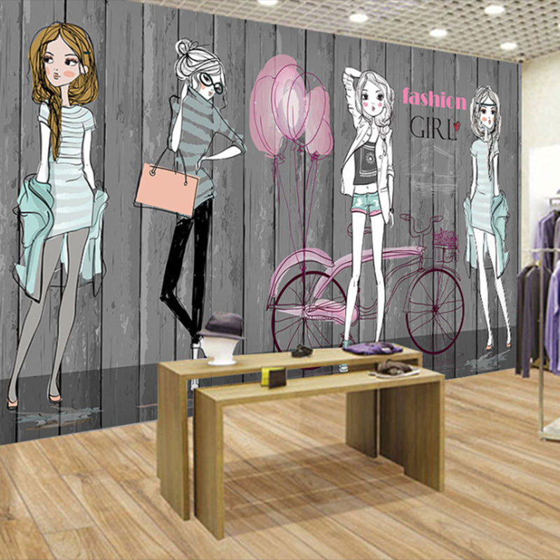 Original Cartoon Beauty Wall Art in Grey Dress Shop Mural Wallpaper, Personalized Size Available