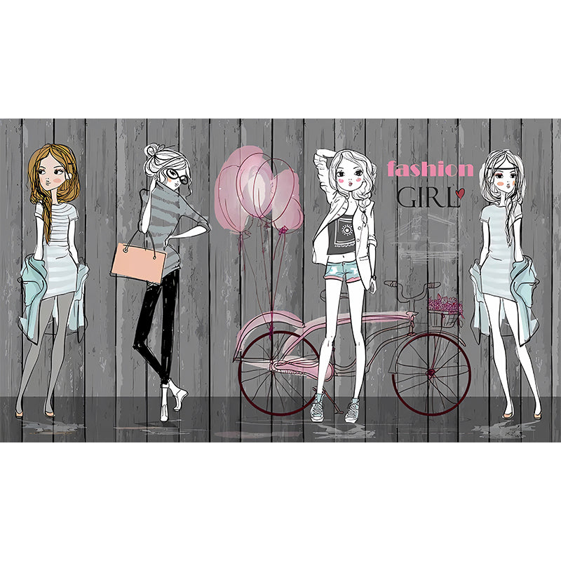 Original Cartoon Beauty Wall Art in Grey Dress Shop Mural Wallpaper, Personalized Size Available