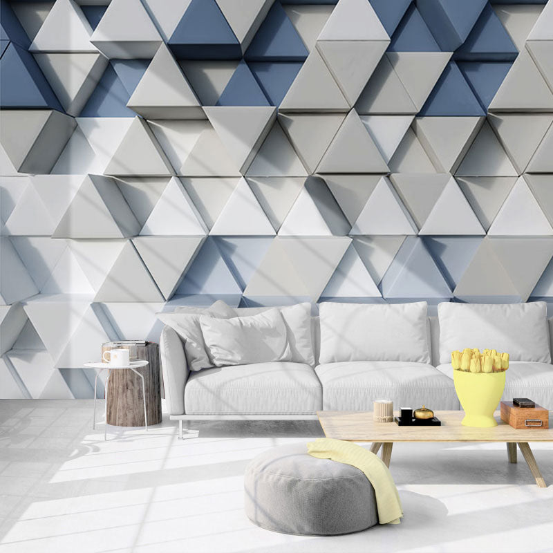 Contemporary Non-Woven Fabric Wallpaper Roll with 3D Effect Cube Pattern in Blue and Grey, Moisture-Resistant