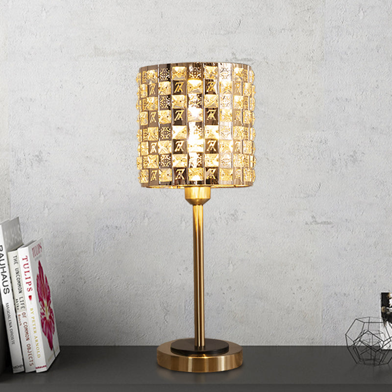 Minimalist Cylindrical Night Table Lighting Inserted Crystal 1 Bulb Bedroom Nightstand Lamp in Brass