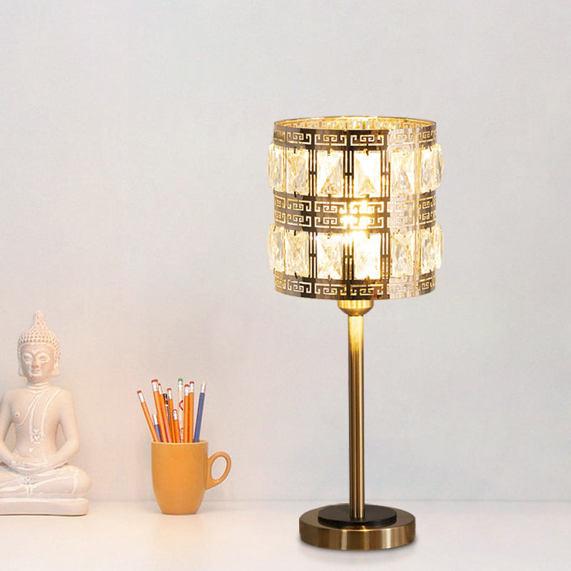 Minimalist Cylindrical Night Table Lighting Inserted Crystal 1 Bulb Bedroom Nightstand Lamp in Brass