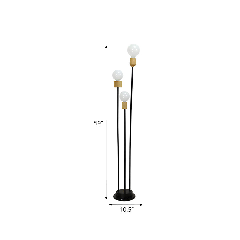 Bulb Floor Light Minimalist Metallic 3-Head Study Room Stand Up Lamp with Three Columns in Black