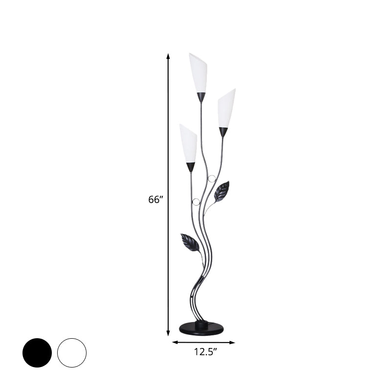 Minimalist Tree Floor Reading Lamp Metallic 3-Bulb Study Room Standing Light with Torchiere Shade in Black/White