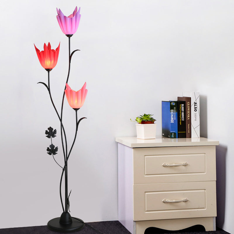 Black Flower-Like Stand Up Lamp Simplicity 3 Bulbs Metal Floor Light for Bedroom