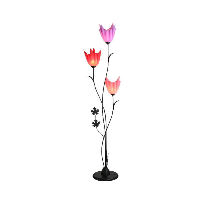 Black Flower-Like Stand Up Lamp Simplicity 3 Bulbs Metal Floor Light for Bedroom