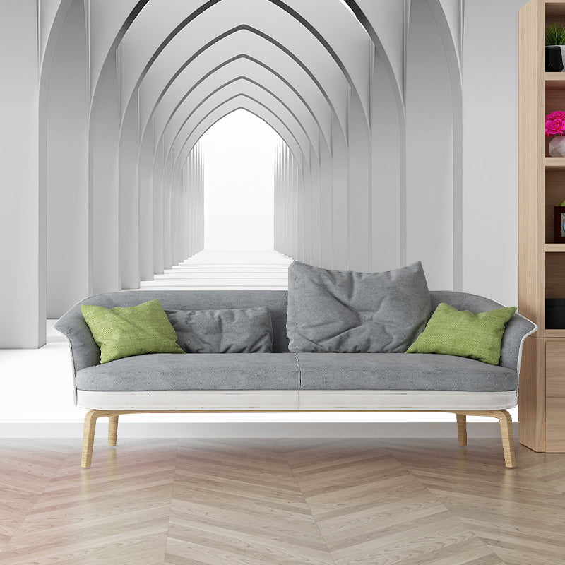 Contemporary 3D Effect Tunnel Mural Wallpaper, Personalized Size Wall Covering in Grey and White