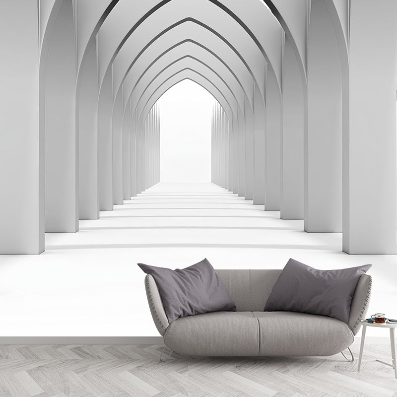 Contemporary 3D Effect Tunnel Mural Wallpaper, Personalized Size Wall Covering in Grey and White