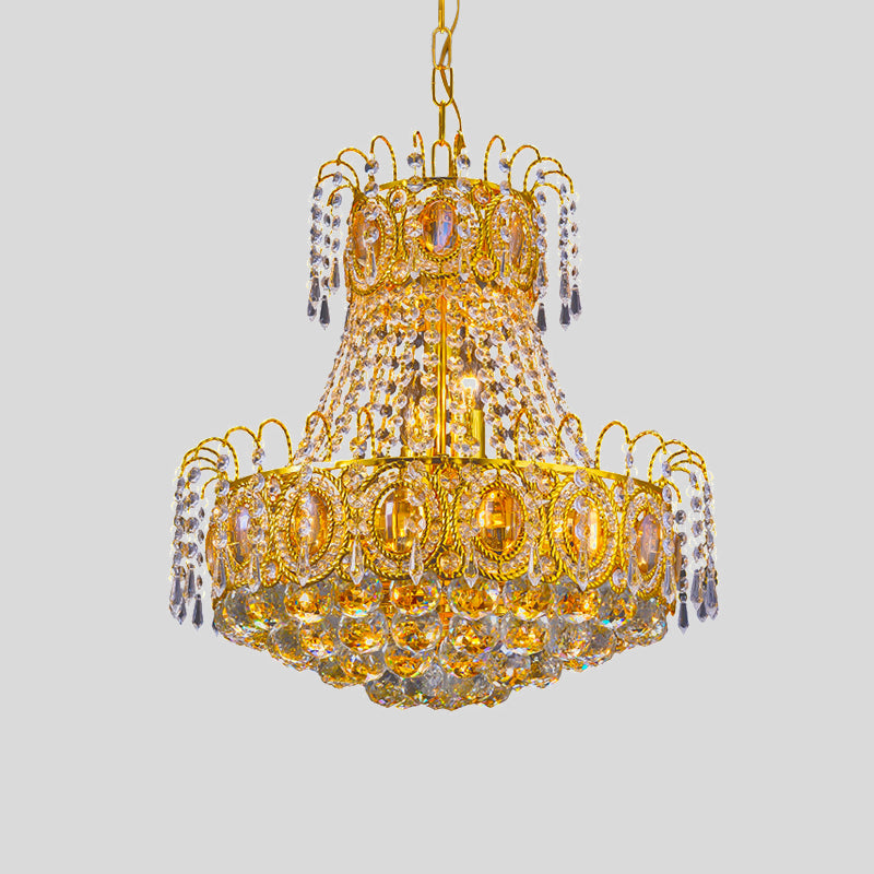 Panier de panier vintage 8 têtes Crystal Strand Chandelier Éclairage en or pour le hall