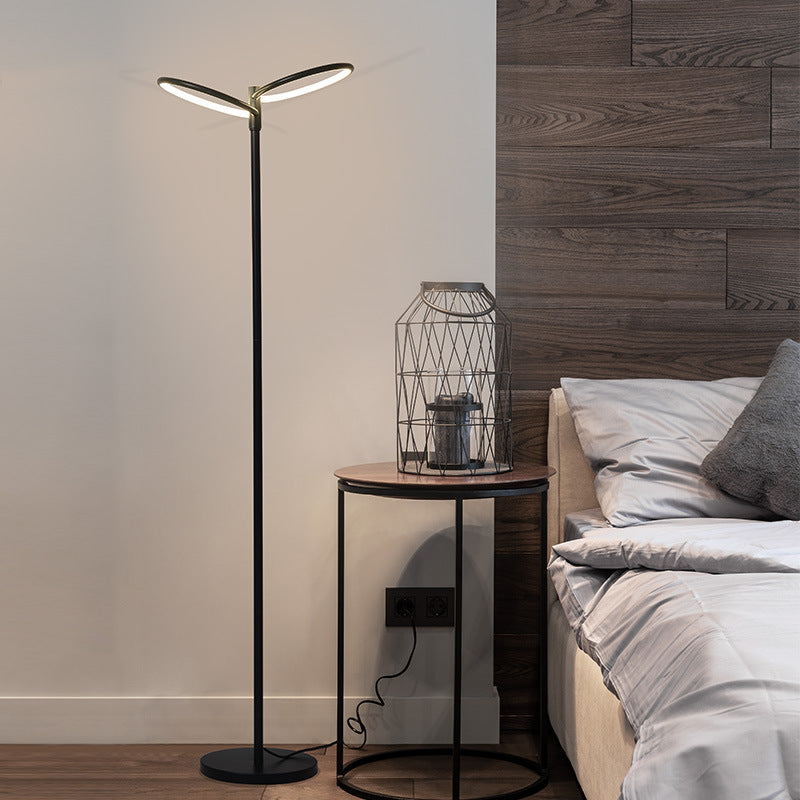 Metal Round Shade Standing Lamp Contemporary LED Black Floor Reading Light for Bedside