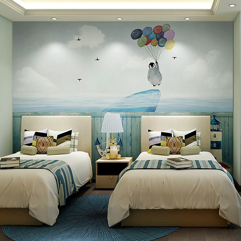 Blue Penguin and Balloon Mural Stain-Resistant for Boy's or Girl's Bedroom