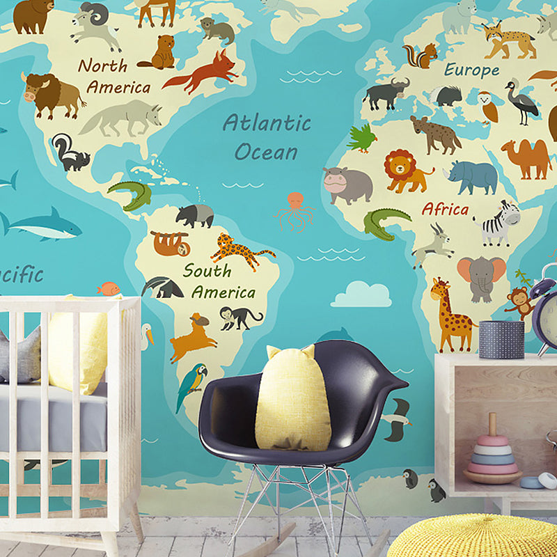 Illustration Wall Art Animal World Map Extra Large Mural for Kid, Made to Measure