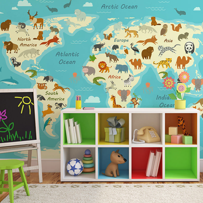 Illustration Wall Art Animal World Map Extra Large Mural for Kid, Made to Measure