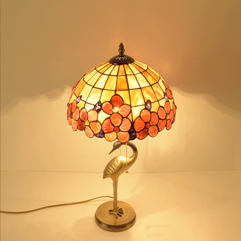 2 Bulbs Halcyon Night Table Light Tiffany Gold Metal Nightstand Lamp with Pull Chain and Flower Glass Shade