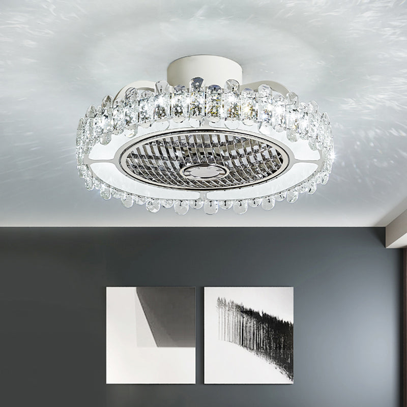 19.5" Wide Round Pendant Fan Lamp Modernism Faceted Crystal LED Bedroom Flushmount in White