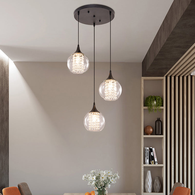 Simple Style Globe Multi Ceiling Light Clear Glass 3 Bulbs Dining Room Hanging Lamp in Black, Round/Linear Canopy