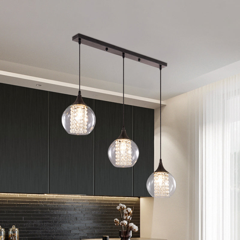 Eenvoudige stijl bol multi plafond licht helder glas 3 bollen eetkamer hangende lamp in zwart, ronde/lineaire luifel