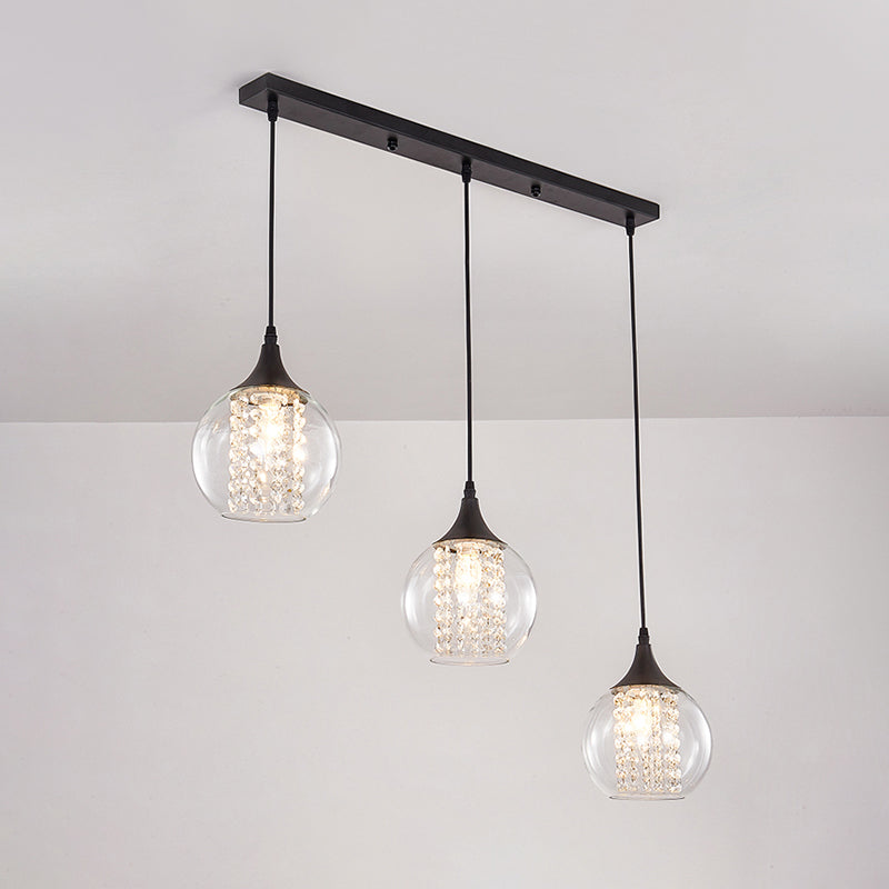 Simple Style Globe Multi Ceiling Light Clear Glass 3 Bulbs Dining Room Hanging Lamp in Black, Round/Linear Canopy