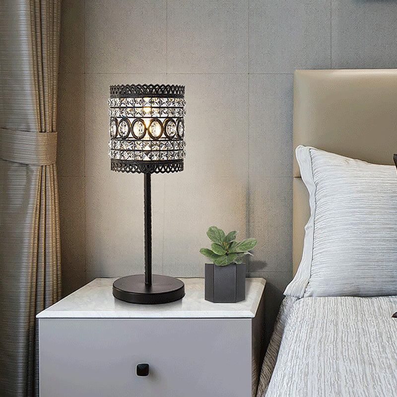 Cylinder Night Table Light Modern Metallic 1-Head Bedside Nightstand Lamp with Crystal Accent in Black