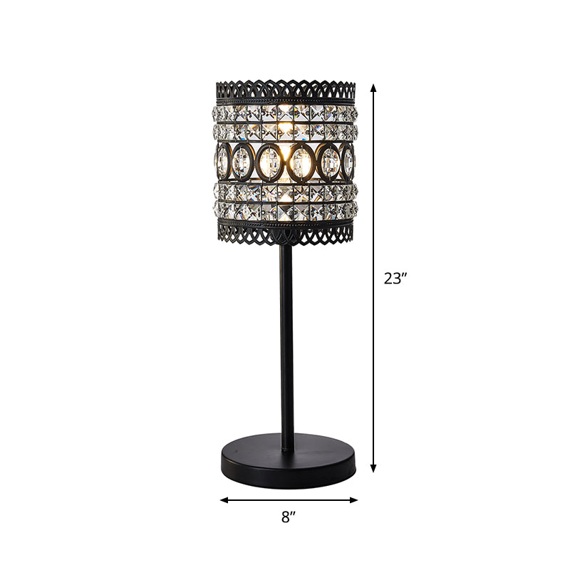 Cylinder Night Table Light Modern Metallic 1-Head Bedside Nightstand Lamp with Crystal Accent in Black