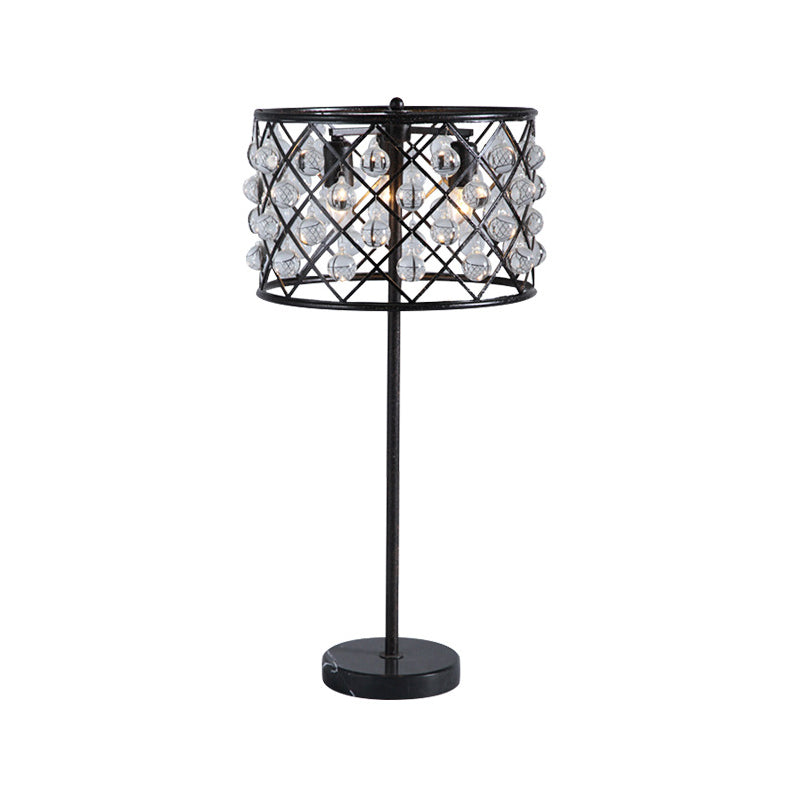 Modernist Grid Nightstand Light with Drum Design Crystal Drip 3 Lights Bedside Table Lamp in Black