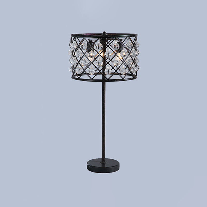 Modernist Grid Nightstand Light with Drum Design Crystal Drip 3 Lights Bedside Table Lamp in Black