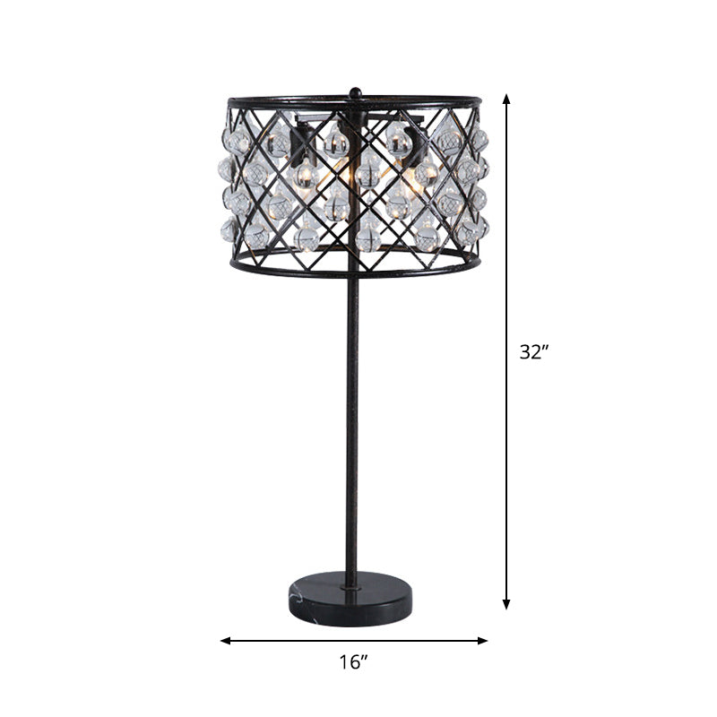 Modernist Grid Nightstand Light with Drum Design Crystal Drip 3 Lights Bedside Table Lamp in Black